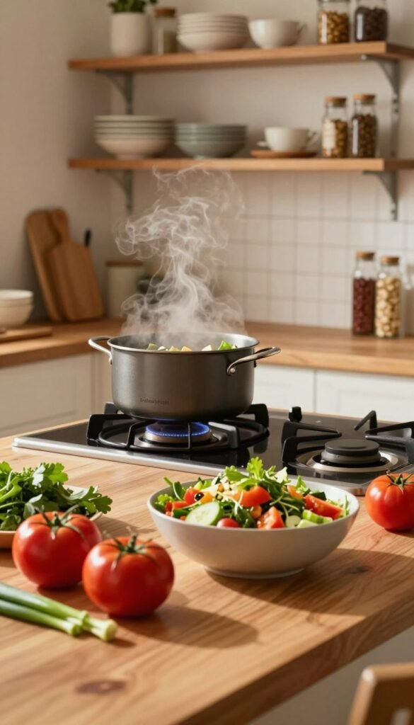 A beautifully arranged kitchen scene featuring quick and easy recipes. In the foreground, a wooden table is topped with vibrant, fresh ingredients like tomatoes, herbs, and chopped vegetables, showcasing a colorful salad being prepped. In the middle ground, a stylish stove with a pot simmering, giving off gentle steam, represents the cooking process. In the background, shelves filled with neatly organized kitchenware and spices create an inviting atmosphere. The lighting is warm and natural, enhancing the cozy, stress-free mood. The overall composition should evoke a Pinterest aesthetic, reflecting a harmonious and efficient cooking environment. Include the brand name "Ordnungskiste" subtly integrated into the kitchen decor, without any text overlays.