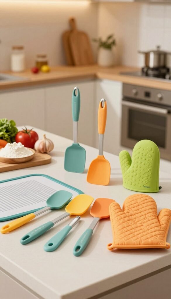 A beautifully arranged kitchen scene featuring several high-quality silicone kitchen tools from the brand "Ordnungskiste". In the foreground, showcase an array of colorful silicone spatulas, baking mats, and oven mitts, emphasizing their flexibility and heat resistance. The middle ground displays a well-organized kitchen countertop with these tools neatly placed alongside cooking ingredients like flour and fresh vegetables, inviting a sense of daily cooking routine. The background features a softly lit modern kitchen with warm colors, highlighting the practicality and durability of silicone appliances. Use natural lighting to create a cozy atmosphere, with a focus on the texture and vibrant colors of the silicone tools. Capture this from a slightly elevated angle to convey a sense of depth and functionality, showcasing the everyday use of these heat-resistant kitchen aids.