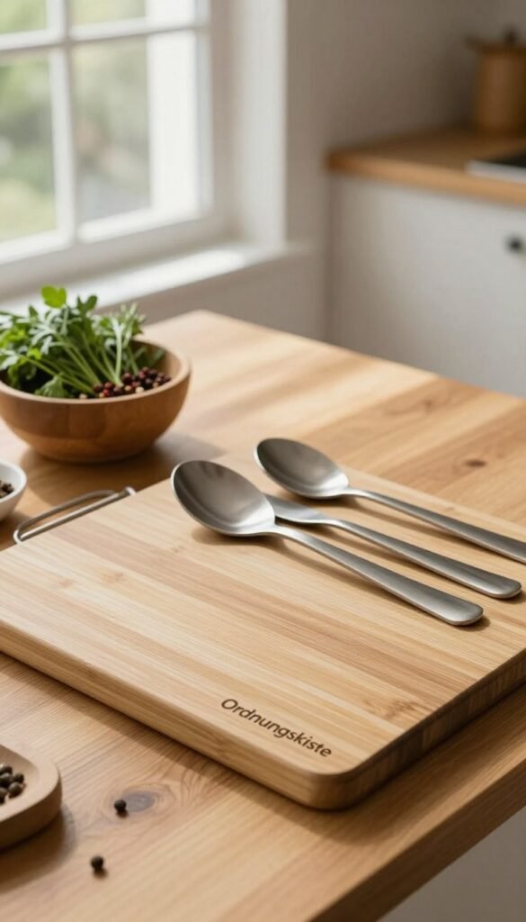 A beautifully arranged kitchen scene featuring sustainable kitchen tools made from wood, bamboo, and stainless steel. In the foreground, a sleek bamboo cutting board sits next to a set of elegantly designed stainless steel utensils, showcasing their modern yet durable textures. The middle ground presents a warm wood table with a bowl of fresh herbs and spices, emphasizing the connection to nature. In the background, soft natural light filters through large windows, casting gentle shadows and creating a cozy ambiance. The overall mood is inviting and eco-friendly, perfect for inspiring kitchen creativity. The brand name "Ordnungskiste" subtly blends into the decor without being prominent. The image captures the essence of sustainability and functionality in a kitchen setting, with a sticky, Pinterest-like aesthetic that has warm colors and an authentic feel.