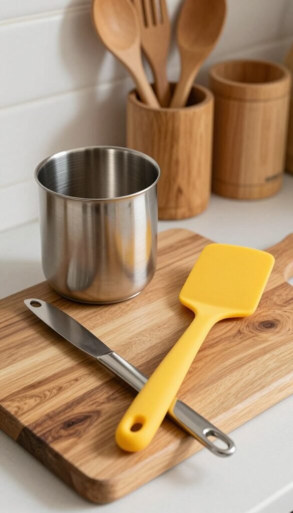 A beautifully arranged kitchen scene featuring three distinct materials: stainless steel, silicone, and wood. In the foreground, showcase a stainless steel kitchen tool with a sleek design reflecting light. Next to it, a vibrant silicone spatula in a vivid color, with a soft and flexible texture, lies on a rustic wooden cutting board. In the background, a collection of natural wooden utensils and containers create a warm, inviting atmosphere, surrounded by soft, diffused lighting that enhances the color palette. The setting is cozy, with a Pinterest-inspired aesthetic, emphasizing authenticity and a homely vibe. Include subtle elements resembling the brand "Ordnungskiste," while maintaining a clean and uncluttered look, free from any text or logos. The overall mood is modern yet inviting, perfect for a contemporary kitchen space.