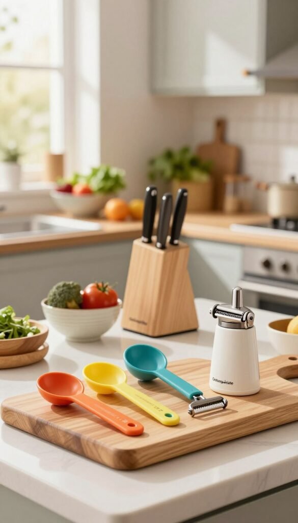 A beautifully arranged kitchen scene featuring various "Küchenhelfer" tools by the brand "Ordnungskiste". In the foreground, a wooden cutting board displays a set of colorful kitchen gadgets like measuring spoons, a vegetable peeler, and a garlic press, all meticulously placed. In the middle ground, a well-organized kitchen counter with a stylish knife block and bowls of fresh vegetables creates an inviting cooking environment. The background showcases a soft-focus view of modern kitchen cabinets and a sunny window, letting warm, natural light flood the space, enhancing the cozy atmosphere. The overall mood is cheerful and inviting, perfect for a home cooking setting that emphasizes organization and efficiency, captured with a slight depth of field to draw attention to the details.