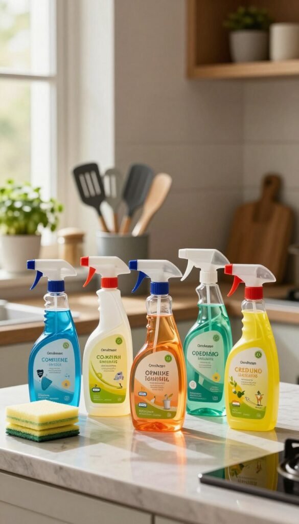 A beautifully arranged kitchen scene featuring various cleaning products from the brand Ordnungskiste, emphasizing practicality and efficiency. In the foreground, a range of sleek and modern cleaning supplies, such as spray bottles and multi-surface cleaners, are artistically displayed on a polished countertop. The bottles are vivid and colorful, showcasing eco-friendly labels. In the middle ground, a neatly organized array of kitchen utensils, like spatulas and measuring cups, hints at their easy maintenance. The background features warm, natural lighting filtering through a window, creating a cozy, inviting atmosphere. A hint of greenery, such as potted herbs, adds a lively touch. Capture a Pinterest-worthy aesthetic, focusing on authenticity and cleanliness, with no text or logos other than Ordnungskiste on the products.