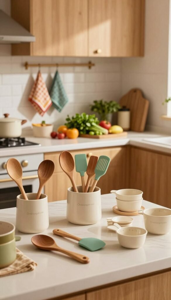 A beautifully arranged kitchen scene featuring various kitchen helper sets by "Ordnungskiste". In the foreground, focus on elegantly displayed utensils such as wooden spoons, silicone spatulas, and measuring cups, all neatly organized. In the middle, a stylish kitchen counter with vibrant herbs and fresh ingredients, emphasizing an inviting cooking space. The background should reveal a warm, sunlit kitchen with soft wooden cabinets and a cozy atmosphere, adorned with hanging pots and colorful dish towels. Use soft, natural lighting to create a serene and welcoming mood, highlighting the warmth of the materials. Capture the image with a slightly low angle to emphasize the kitchen’s inviting layout, ensuring the overall aesthetic is harmonious and authentic, perfect for a Pinterest-influenced look.