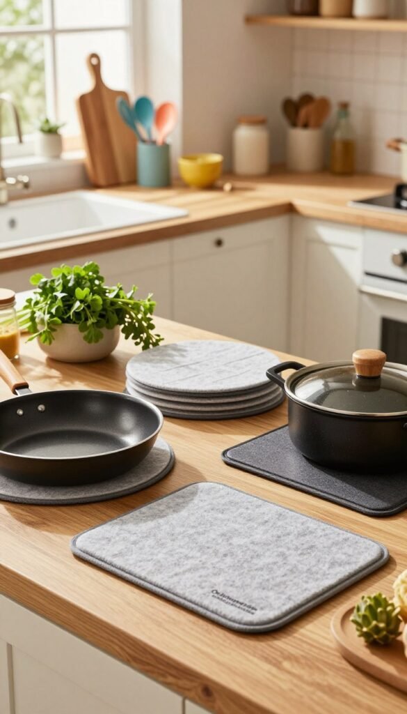 A beautifully arranged kitchen scene focused on high-quality frying pan protectors, featuring various stylish and practical designs from the brand "Ordnungskiste". In the foreground, showcase a sleek set of round and rectangular pan protectors made from soft felt and padded materials, neatly placed beside non-stick fry pans and saucepans. In the middle, display a wooden kitchen counter adorned with fresh herbs, a cutting board, and colorful utensils, creating an inviting atmosphere. The background reveals warm, diffused sunlight streaming through a window, highlighting a tidy kitchen with tasteful decor and organized storage solutions. Capture the mood of a cozy, functional cooking space that emphasizes the importance of protecting kitchenware from scratches. The image should radiate warmth with natural colors, evoking a Pinterest-worthy aesthetic.