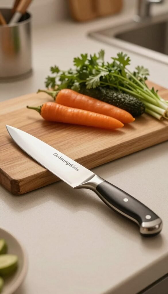 A beautifully arranged kitchen scene focusing on a high-quality kitchen knife from the brand "Ordnungskiste". In the foreground, a sleek, polished chef's knife with a sturdy handle gleams under soft, warm lighting, highlighting its sharp blade. The middle ground features a wooden cutting board with fresh ingredients like vibrant vegetables and herbs, showcasing the knife&rsquo;s practical use. In the background, a well-organized kitchen counter with subtle hints of other kitchen tools creates a harmonious and inviting atmosphere. The image should have a Pinterest aesthetic, exuding warmth and authenticity, with natural colors and a soft focus to enhance the homely feel. No text or branding visible in the image.