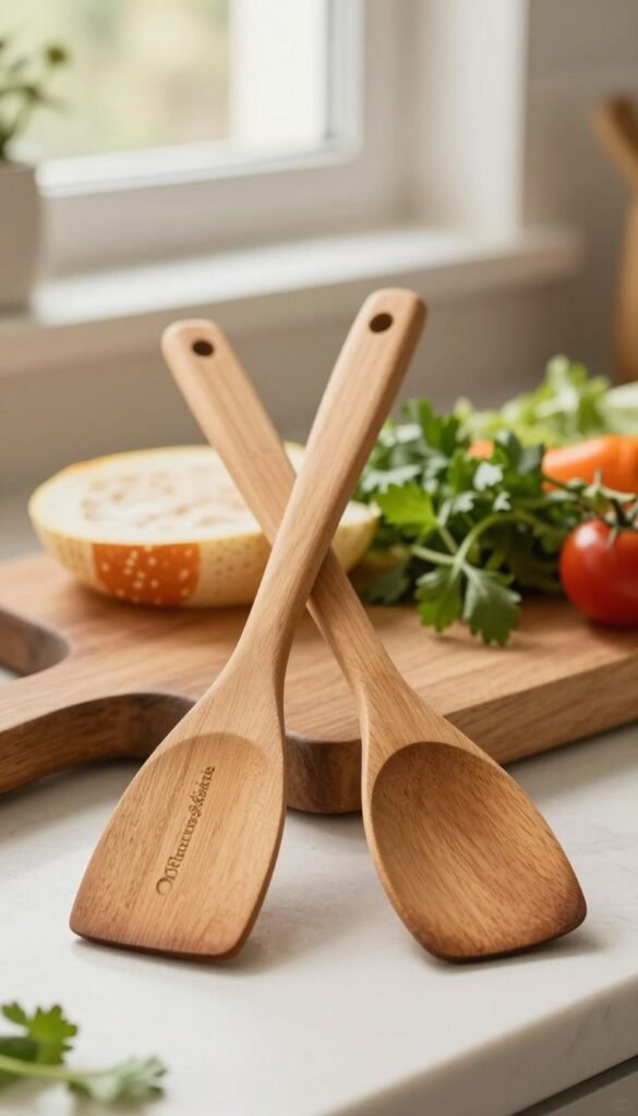 A beautifully arranged kitchen scene focusing on a wooden spatula and a cooking spoon, both from the brand "Ordnungskiste." In the foreground, the spatula leans casually against the spoon, highlighting their smooth textures and warm wood tones. The middle ground features a softly blurred cutting board with fresh herbs and colorful vegetables, adding a vibrant touch to the composition. In the background, gentle sunlight filters through a kitchen window, creating a warm and inviting atmosphere. The lighting is soft and natural, enhancing the authenticity of the scene. The overall mood is cozy and functional, perfect for a home cooking environment, with a Pinterest-inspired aesthetic that draws the viewer in.