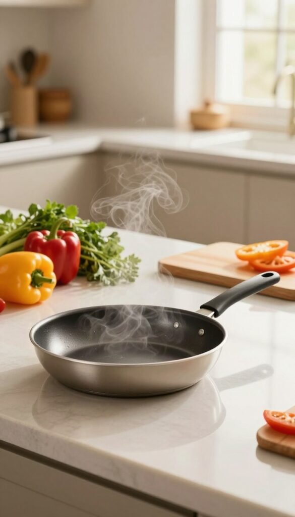 A beautifully arranged kitchen scene highlighting "Ordnungskiste" heat-resistant kitchen tools. In the foreground, a sleek, modern frying pan sits on a clean, polished countertop, steam rising softly from its surface, capturing an inviting cooking moment. The middle ground features vibrant, fresh ingredients like colorful bell peppers, herbs, and a high-quality cutting board, emphasizing the culinary aspect of the tools. In the background, warm, natural light filters through a window, enhancing the cozy, homey atmosphere, with hints of neatly organized kitchen cabinets partially visible. The overall mood is warm and inviting, showcasing the practicality and reliability of heat-resistant kitchen helpers in everyday cooking.