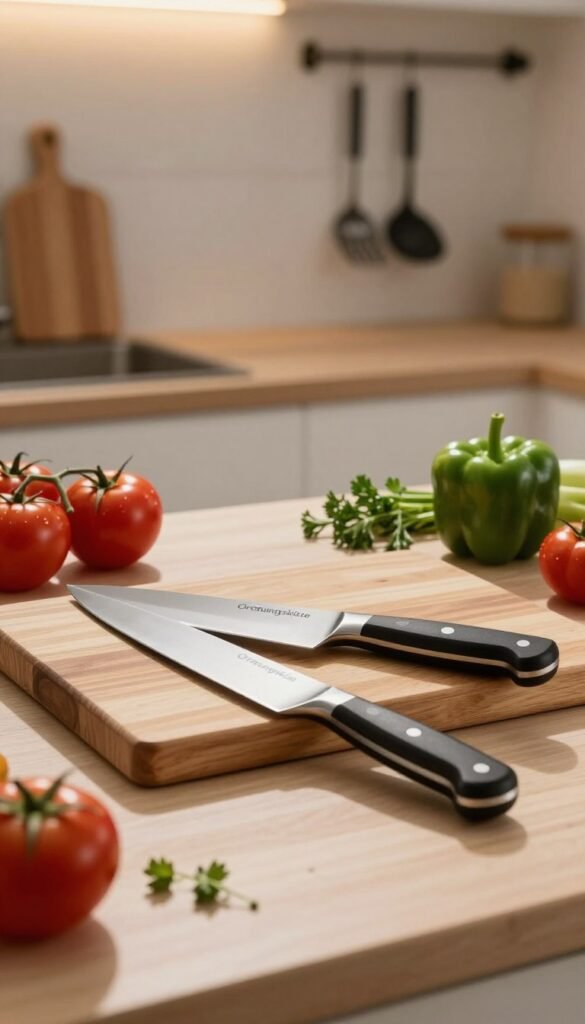 A beautifully arranged kitchen scene highlighting a premium "Ordnungskiste" knife and a wooden cutting board set as the centerpiece. In the foreground, a sleek, sharp chef's knife lies diagonally across the cutting board, showcasing its gleaming blade. Fresh vegetables like vibrant red tomatoes, crisp green bell peppers, and aromatic herbs are artfully scattered around the board. The middle ground features the cutting board surrounded by warm, ambient kitchen lighting that casts gentle shadows, enhancing the texture of the wood. Soft focus on a tasteful, minimalist kitchen background with stylish utensils hanging on a wall. The overall mood is inviting and professional, with natural, warm colors that evoke a sense of culinary artistry and home cooking.