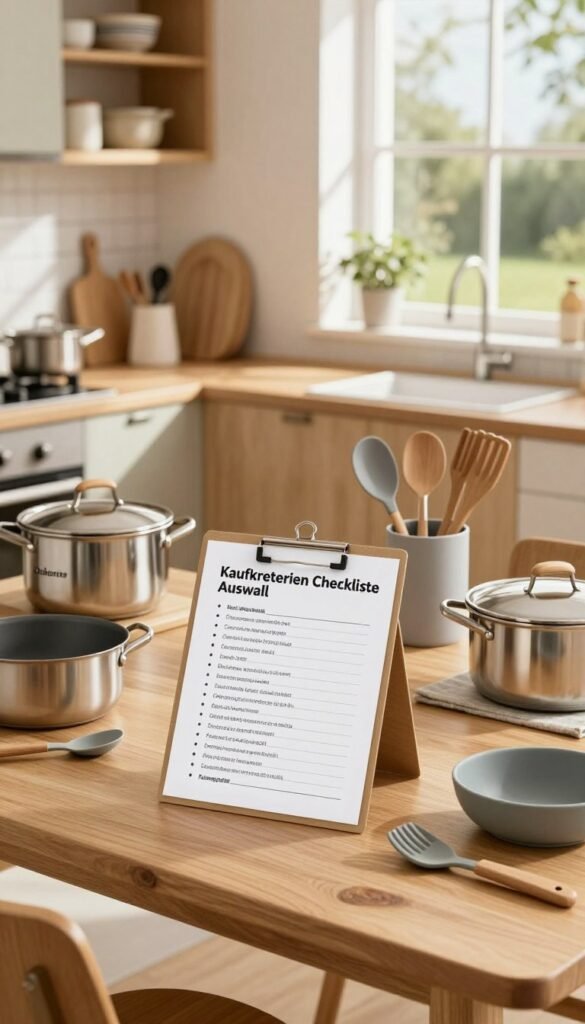 A beautifully arranged kitchen scene showcasing a "Kaufkriterien Checkliste Auswahl" set for choosing kitchen helpers. In the foreground, a wooden table displays a checklist with bullet points on criteria for kitchen tool selection, surrounded by charming kitchen accessories like high-quality cookware, utensils, and gadgets made from various materials such as stainless steel, silicone, and wood. The middle ground features a light and airy kitchen with natural wood cabinets and soft, warm lighting that creates a cozy ambiance. In the background, a window offers a glimpse of a sunny garden. Include the brand name "Ordnungskiste" subtly integrated into the scene. The overall mood is inviting and organized, capturing the essence of thoughtful kitchen tool selection in a Pinterest-inspired aesthetic.