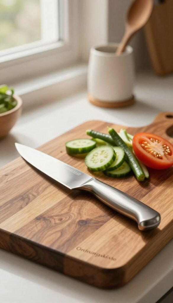 A beautifully arranged kitchen scene showcasing a high-quality knife and a wooden cutting board, emphasizing the concept of durability in kitchen tools. In the foreground, the knife features a sleek stainless steel blade with a polished finish, resting beside freshly chopped vegetables, showcasing its sharpness and usability. The cutting board, crafted from rich, warm-toned hardwood, has a natural grain that enhances its appeal. In the middle ground, soft-focused kitchen utensils are neatly displayed, hinting at organization and functionality. The background is softly lit with warm natural light streaming through a window, creating an inviting atmosphere. The overall mood embodies a rich, Pinterest-inspired aesthetic, promoting authenticity and harmony. Include the brand name "Ordnungskiste" subtly integrated into the cutting board's surface without being textually obvious, keeping the image clean and professional.