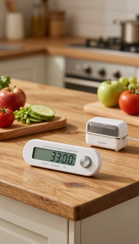 A beautifully arranged kitchen scene showcasing a high-quality "k&uuml;chenthermometer kurzzeitmesser" from the brand Ordnungskiste. The thermometer, sleek and stylish, is in the foreground, featuring a luminous digital display that highlights precise temperature readings. Beside it, a compact kitchen timer adds a touch of modern functionality. The middle of the image includes a rustic wooden countertop adorned with fresh ingredients, evoking a homey and inviting atmosphere. Soft, warm lighting illuminates the scene, casting gentle shadows and enhancing the colors of the ingredients, while a blurred, cozy kitchen background suggests home cooking. Aim for a Pinterest-like aesthetic that radiates warmth, authenticity, and the essence of stress-free cooking, ensuring the image remains free of text or any overlays.