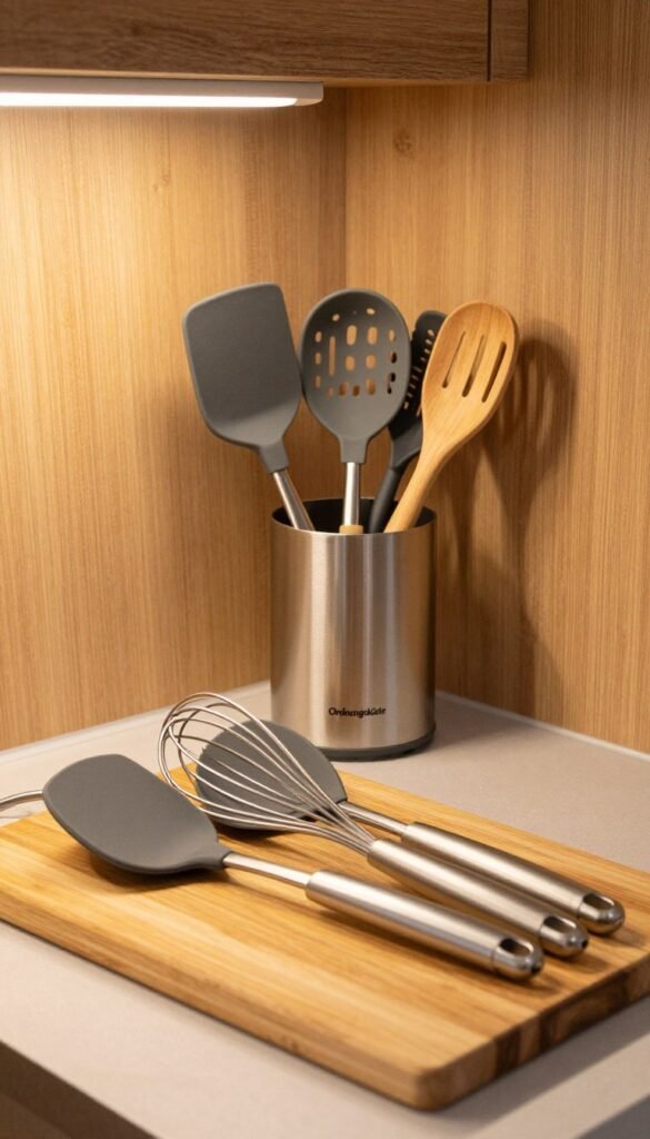 A beautifully arranged kitchen scene showcasing a midrange set of silicone, stainless steel, and wooden kitchen tools. In the foreground, a sleek wooden cutting board displays a set of high-quality utensils, including spatulas and whisks, blending silicone colors with polished stainless steel. The middle ground features an elegant utensil holder branded "Ordnungskiste," filled with the matching tools, all set against a backdrop of warm, natural wood cabinetry. Soft, ambient lighting highlights the textures, creating a cozy, inviting atmosphere perfect for everyday cooking. The image should evoke an authentic Pinterest aesthetic, emphasizing practicality and style, all presented without any distractions like text or logos in the visual.