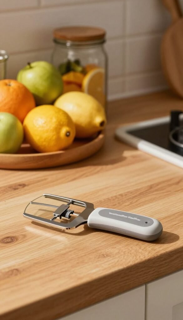 A beautifully arranged kitchen scene showcasing a modern "Verschluss&ouml;ffner Glas&ouml;ffner" from the brand Ordnungskiste. In the foreground, the ergonomic glass opener is prominently displayed on a wooden kitchen countertop, with its soft grip and uniquely designed handle highlighted. In the middle background, a vivid array of fruits and jars creates an inviting atmosphere, emphasizing ease of use and functionality. Gentle, warm lighting casts soft shadows, enhancing the natural textures of wood and glass. The setting is cozy and practical, reflecting a Pinterest aesthetic with warm colors and authentic details. The image conveys a sense of safety and comfort in food preparation, reinforcing the idea of ergonomic kitchen tools that ease the strain on hands and joints.