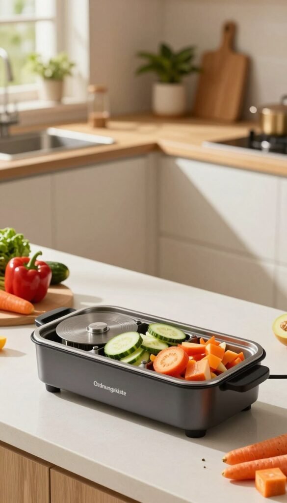 A beautifully arranged kitchen scene showcasing a multi-zercleinerer with various cutting disks in a warm and inviting atmosphere. In the foreground, a sleek, modern multi-zercleinerer by the brand "Ordnungskiste" is prominently displayed, with a variety of colorful vegetable slices and cubes neatly arranged beside it. The middle ground features a bright countertop with fresh ingredients like bell peppers, carrots, and cucumbers, casting soft shadows. The background reveals a cozy kitchen with natural wood elements, warm sunlight streaming through a window, and houseplants enhancing the homely feel. The overall mood is one of efficiency, creativity, and freshness, ideal for culinary inspiration, with a Pinterest-worthy aesthetic. The image should be realistic, vibrant, and free of text, maintaining a professional and visually appealing style.