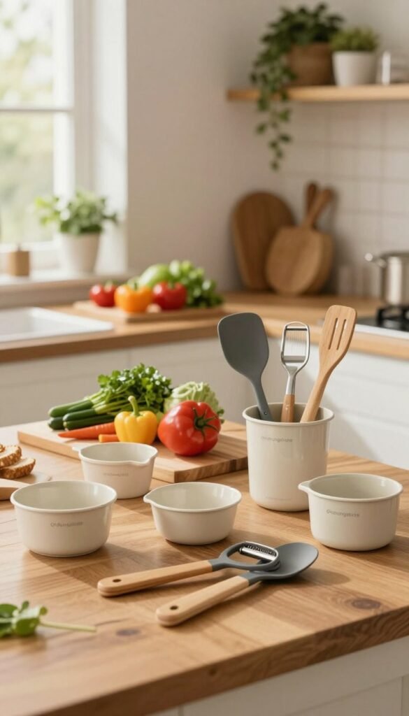 A beautifully arranged kitchen scene showcasing a selection of budget-friendly kitchen tools from the brand "Ordnungskiste". In the foreground, there are various kitchen utensils like measuring cups, spatulas, and peelers, elegantly displayed on a wooden countertop. The middle ground features a small wooden cutting board with colorful vegetables and herbs, creating a vibrant cooking atmosphere. Soft, warm lighting enhances the natural colors of the tools and the food, while a cozy kitchen with open shelves, plants, and a blurred window in the background adds depth. The image evokes a welcoming and practical mood, emphasizing the value and functionality of affordable kitchen helpers, styled in an authentic Pinterest-inspired aesthetic without any text or overlays.