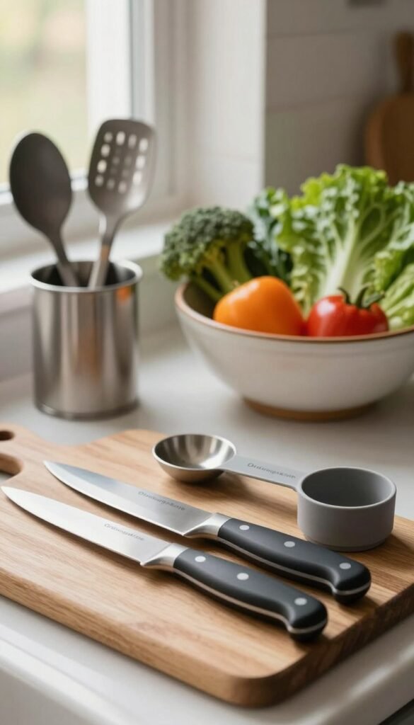 A beautifully arranged kitchen scene showcasing a selection of essential cooking utensils made from various materials, including stainless steel, wood, and silicone. In the foreground, a wooden cutting board with high-quality knives and measuring cups, all from the brand "Ordnungskiste". The middle ground features an elegant ceramic bowl filled with fresh vegetables, highlighting the functionality and everyday usability of these tools. The background has soft, warm lighting filtering in through a window, creating a cozy atmosphere. Use a shallow depth of field to emphasize the utensils, giving a Pinterest-inspired look with natural colors. The overall mood should evoke a sense of warmth and practicality, perfect for a modern kitchen environment.