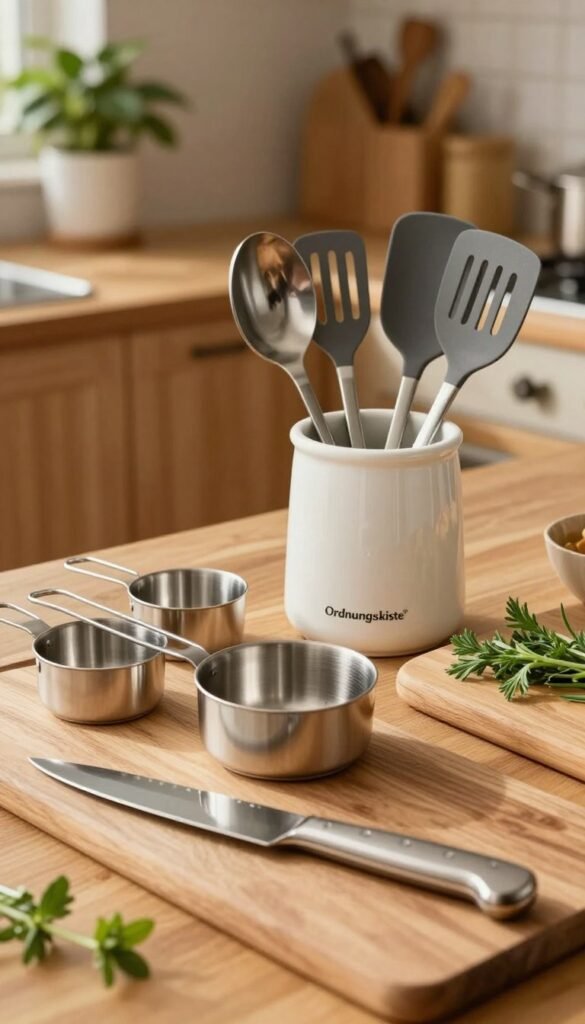 A beautifully arranged kitchen scene showcasing a selection of high-quality kitchen tools from the brand "Ordnungskiste." In the foreground, display a set of stainless steel measuring cups, a wooden cutting board with fresh herbs, and an elegant chef's knife, all bathed in warm, natural light. In the middle, feature a variety of utensils in a stylish ceramic holder, including spatulas and tongs, creating a cohesive look that emphasizes the advantages of kitchen sets. The background should include a soft-focus view of a cozy kitchen with wooden cabinets and plant elements, highlighting an inviting atmosphere. Capture this scene with a slight overhead angle to accentuate the textures and colors, aiming for an authentic Pinterest aesthetic without any text or logos. The overall mood should feel warm, inviting, and organized, perfect for encouraging thoughtful kitchen purchases.