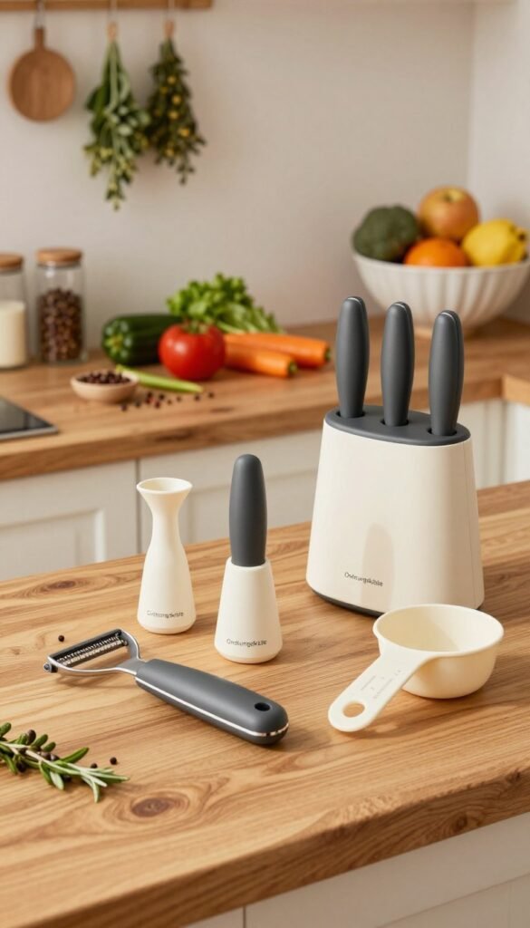A beautifully arranged kitchen scene showcasing an "Ordnungskiste" kitchen set, featuring various ergonomic kitchen tools displayed prominently on a rustic wooden countertop. In the foreground, several individual items like a multitasking peeler, a compact knife set, and a measuring cup are artistically arranged to highlight their unique ergonomic designs. The middle of the scene includes warm, natural lighting that enhances the wood grain of the countertop and the vibrant colors of fresh vegetables and spices in the background. Soft, decorative kitchen elements like hanging herbs and a stylish fruit bowl complete the ambiance, creating a Pinterest-worthy atmosphere. The entire composition evokes a sense of warmth and practicality, inviting viewers to consider the advantages of purchasing kitchen tools individually versus in a set.