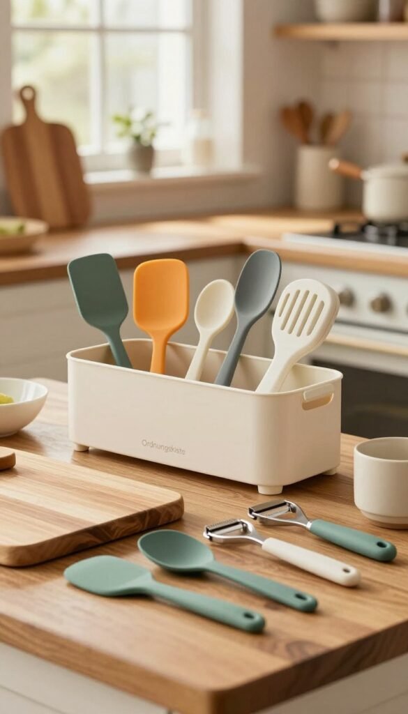 A beautifully arranged kitchen scene, showcasing ergonomic kitchen tools made from high-quality materials. In the foreground, there are various utensils, like a wooden cutting board, silicone spatulas, and ergonomic peelers, artistically placed on a rustic kitchen counter. The middle ground features a stylish, orderly storage solution branded "Ordnungskiste", filled with colorful kitchen gadgets, all crafted for ease of use. The background consists of a well-lit, inviting kitchen with warm, natural lighting streaming through a window, creating a cozy atmosphere. The image captures a sense of care for materials and maintenance, emphasizing cleanliness and practicality in everyday cooking. Use a soft focus lens effect, with a slight depth of field to enhance the artistic quality, while maintaining an authentic Pinterest-worthy look.