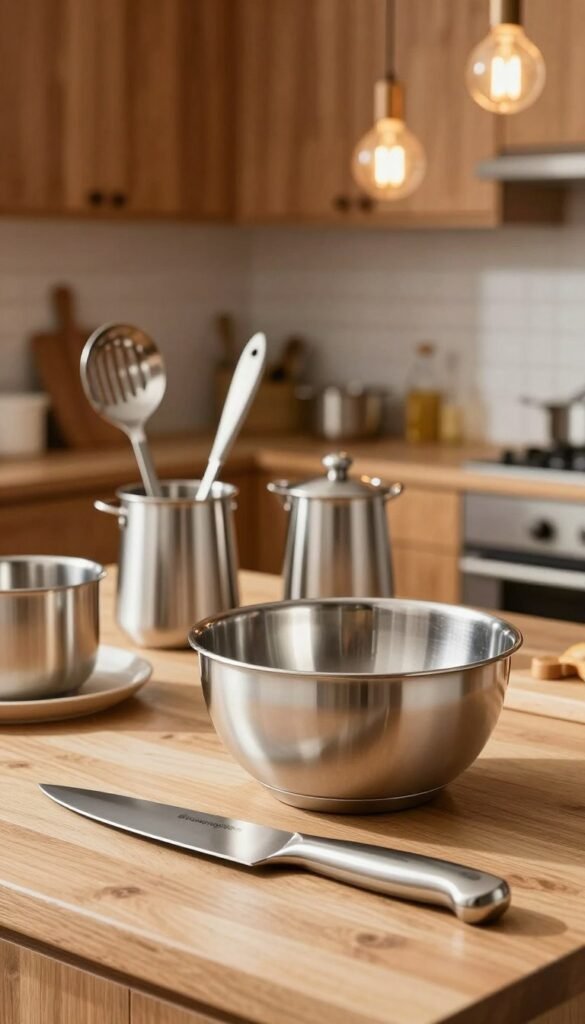 A beautifully arranged kitchen scene showcasing high-quality Edelstahl kitchen tools from the brand Ordnungskiste. In the foreground, a sleek stainless steel chef's knife and a polished mixing bowl reflect warm, natural light, emphasizing their shiny surfaces. The middle ground features various elegantly designed Edelstahl utensils and gadgets, their details crisp and inviting. The background includes a cozy kitchen setting with wooden cabinets and softly glowing pendant lights, adding an authentic and homey atmosphere. The colors are warm and harmonious, with earthy tones enhancing the image's Pinterest-inspired look. The composition is balanced, inviting viewers to appreciate the beauty and functionality of Edelstahl in a modern kitchen setting.