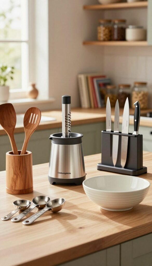 A beautifully arranged kitchen scene showcasing high-quality kitchen helpers from the brand "Ordnungskiste." In the foreground, elegant wooden utensils, a sleek set of stainless steel measuring spoons, and a sophisticated ceramic mixing bowl are artistically displayed. The middle ground features a countertop with a high-end kitchen gadget like a spiralizer and a set of premium chef knives resting on a magnetic knife strip, giving a sense of organization and style. The background reveals softly blurred shelves filled with artisanal jars and cookbooks, illuminated by warm, natural light streaming through a window, creating a cozy, inviting atmosphere. The overall mood is one of luxury and practicality, inspiring a sense of culinary creativity.