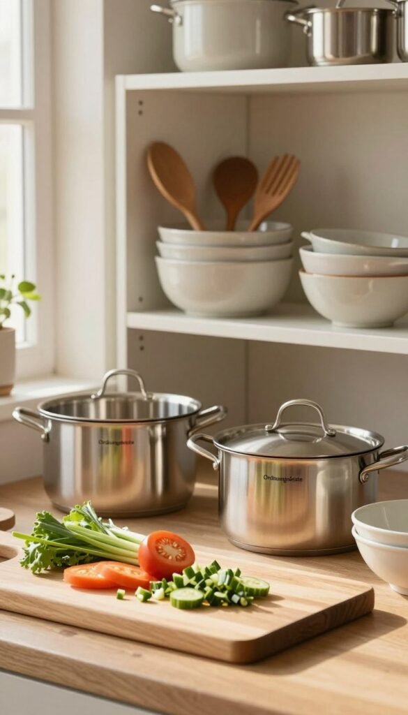 A beautifully arranged kitchen scene showcasing high-quality kitchen utensils and storage solutions from the brand "Ordnungskiste". In the foreground, a sleek wooden cutting board displays freshly chopped vegetables, emphasizing the durable materials. The middle layer features stainless steel pots and ceramic bowls, gleaming under warm, natural light. The background shows a well-organized kitchen cabinet with neatly stacked kitchen tools, all in a soft, muted color palette that evokes a cozy, inviting atmosphere. The lighting is soft and diffused, mimicking morning sunlight filtering through a window, creating a serene ambiance. This image should reflect authenticity and warmth, embodying the concept of longevity in kitchen essentials. Please ensure no text or branding overlays are present in the image.