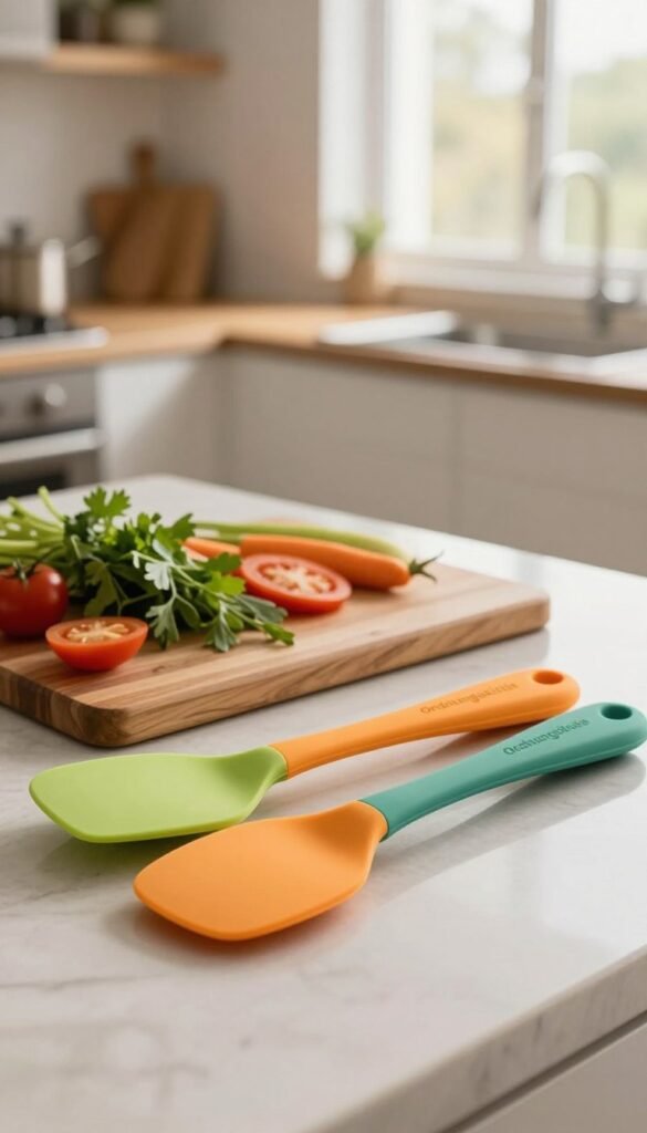 A beautifully arranged kitchen scene showcasing high-quality silicone kitchen tools from the brand "Ordnungskiste". In the foreground, focus on a set of vibrant, multi-colored silicone spatulas and bakeware, highlighting their smooth texture and durable design. In the middle ground, include a stylish wooden cutting board with fresh ingredients like herbs and vegetables, emphasizing the practicality and elegance of kitchen materials. The background features a softly blurred modern kitchen with warm, natural lighting filtering through large windows, creating an inviting atmosphere. The image should convey a sense of quality and authenticity, reflecting a Pinterest-worthy aesthetic without any text or logos. The mood is warm and welcoming, perfect for a sophisticated kitchen environment.