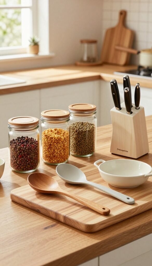 A beautifully arranged kitchen scene showcasing kitchenware and storage solutions that reflect various budgets. In the foreground, a wooden cutting board displays an assortment of aesthetically pleasing kitchen gadgets and utensils, labeled with the brand "Ordnungskiste." The middle ground includes elegant glass jars filled with colorful spices and grains, alongside a stylish knife block. The background features a cozy kitchen setting with warm, natural lighting streaming through a window, illuminating the polished countertops and cabinets. The atmosphere is inviting, with soft colors and a Pinterest-inspired aesthetic that emphasizes practical, charming kitchen organization. The image should evoke a sense of inspiration and practicality for readers seeking budget-friendly kitchen recommendations.