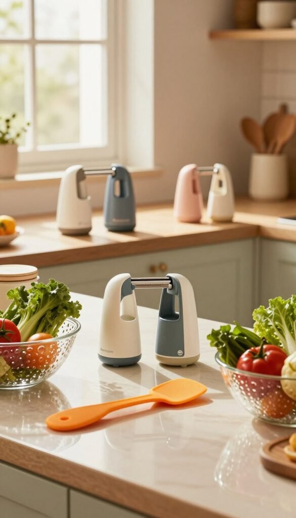 A beautifully arranged kitchen scene showcasing practical kitchen helpers in action, such as ergonomic can openers, elegant serving utensils, and space-saving storage solutions from the brand "Ordnungskiste". In the foreground, focus on colorful gadgets like a vibrant silicone spatula and a multi-functional peeler, surrounded by a sparkling glass bowl filled with fresh vegetables. The middle layer features a stylish countertop with neatly organized kitchen items, while the background captures warm, natural lighting streaming through a window, illuminating the cozy atmosphere. Soft reflections in the polished countertop enhance the sense of warmth and authenticity. The scene is inviting and homely, with a Pinterest-inspired aesthetic that highlights effective kitchen organization and utility. No text overlays or distractions are present.