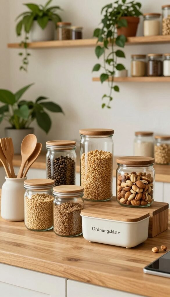 A beautifully arranged kitchen scene showcasing sustainable storage solutions, featuring elegant glass jars and wooden containers filled with grains, spices, and nuts. In the foreground, a wooden countertop displays an assortment of eco-friendly kitchen utensils, with a focus on a branded "Ordnungskiste" container, designed for stylish organization. The middle ground reveals a cozy kitchen setting adorned with lush green plants, evoking a sense of natural living. Soft, warm lighting bathes the entire scene, creating an inviting and harmonious atmosphere. The background subtly includes rustic shelves lined with more sustainable products, accentuating a minimalist yet vibrant Pinterest aesthetic. The overall mood is serene and inspiring, reinforcing the idea of plastic-free storage alongside daily kitchen use.