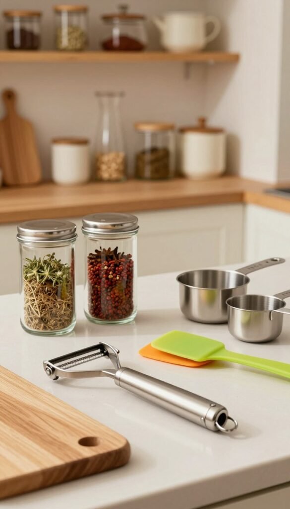 A beautifully arranged kitchen scene showcasing various high-quality kitchen tools and helpers from the brand "Ordnungskiste." In the foreground, highlight a sleek, stainless steel peeler, a wooden cutting board, and colorful silicone spatulas, carefully positioned to reflect their pristine condition. In the middle, display a stylish glass canister filled with vibrant spices and herbs, alongside a set of durable measuring cups, all set against a clean, modern kitchen countertop. In the background, softly blurred, feature warm wooden shelves filled with neatly organized kitchen essentials. The lighting is warm and inviting, creating a cozy atmosphere. Capture the essence of reliability and longevity in kitchen tools, with a Pinterest-worthy aesthetic that emphasizes authenticity and understated elegance.