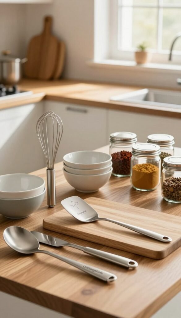 A beautifully arranged kitchen setting showcasing high-quality kitchen utensils from the brand "Ordnungskiste". In the foreground, an elegant array of stainless steel utensils, including a sturdy whisk, a high-quality spatula, and a reliable cutting board, all displayed on a wooden countertop. The middle ground features a variety of ceramic bowls and glass jars filled with colorful spices, emphasizing durability and style. In the background, a softly lit kitchen with warm, natural tones, showcasing abundant sunlight filtering through a window, enhancing the inviting atmosphere. The scene captures a Pinterest-worthy aesthetic, highlighting authenticity and simplicity, with no text, ensuring a focus on quality craftsmanship and timeless elegance.