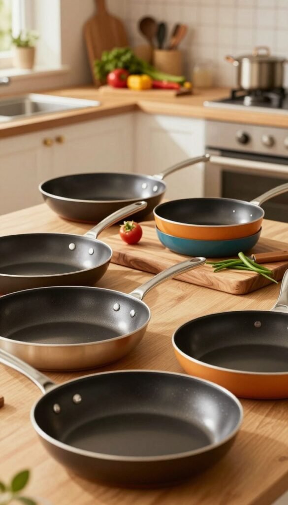 A beautifully arranged kitchen setting showcasing various high-quality "pfannen" (frying pans) from the brand "Ordnungskiste". In the foreground, feature a diverse collection of sleek, modern frying pans with varying sizes and colors, showcasing their shiny surfaces reflecting warm light. In the middle, include a stylish wooden cutting board with fresh vegetables and herbs, emphasizing culinary creativity and preparation. The background should display a cozy, well-organized kitchen with warm, natural lighting, accentuating a homely atmosphere. The overall mood is inviting and practical, exuding a Pinterest-inspired aesthetic that appeals to home cooks and kitchen enthusiasts. Ensure no text, captions, or watermarks are present in the image.