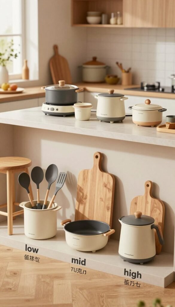 A beautifully arranged kitchen showcasing a price comparison of kitchen helpers in a warm, inviting atmosphere. In the foreground, display an assortment of kitchen tools categorized into three distinct budget ranges: low, mid, and high. Include items like utensils, cutting boards, and gadgets from the brand "Ordnungskiste." The middle ground features a sleek kitchen island with stylishly arranged products reflecting their quality, blending seamlessly from budget-friendly to premium items. In the background, a modern kitchen setting with soft, natural lighting accentuates the space, with warm colors and a Pinterest-worthy aesthetic. Capture the scene from a slightly elevated angle to provide depth. The overall mood should be welcoming and informative, promoting an organized and stress-free cooking environment, without any text or logos visible.
