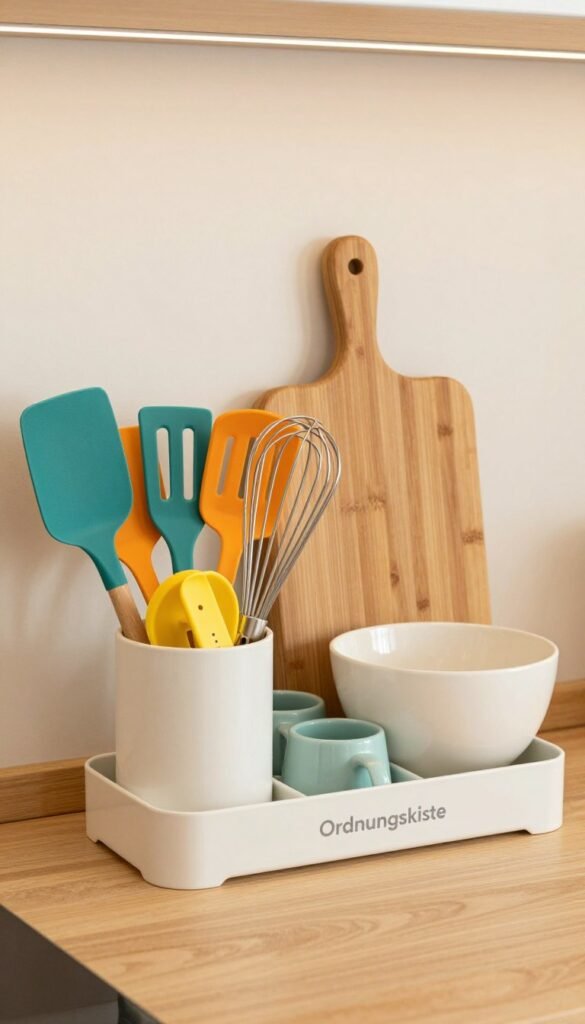 A beautifully arranged kitchen storage set from the brand "Ordnungskiste" featuring chic and functional kitchen tools. The foreground showcases a well-organized utensil holder filled with vibrant spatulas, whisks, and measuring cups in harmonious colors. In the middle, a stylish bamboo cutting board and a sleek mixing bowl add a touch of elegance. The background features a clean, warm-toned kitchen setting with soft lighting, highlighting the storage set&rsquo;s practical design and quality materials. The atmosphere is inviting and cozy, perfect for inspiring cooking creativity. The image captures a Pinterest-worthy aesthetic with natural textures and colors, emphasizing an organized kitchen lifestyle. No text or branding overlays, just an authentic visual representation of modern kitchen essentials.