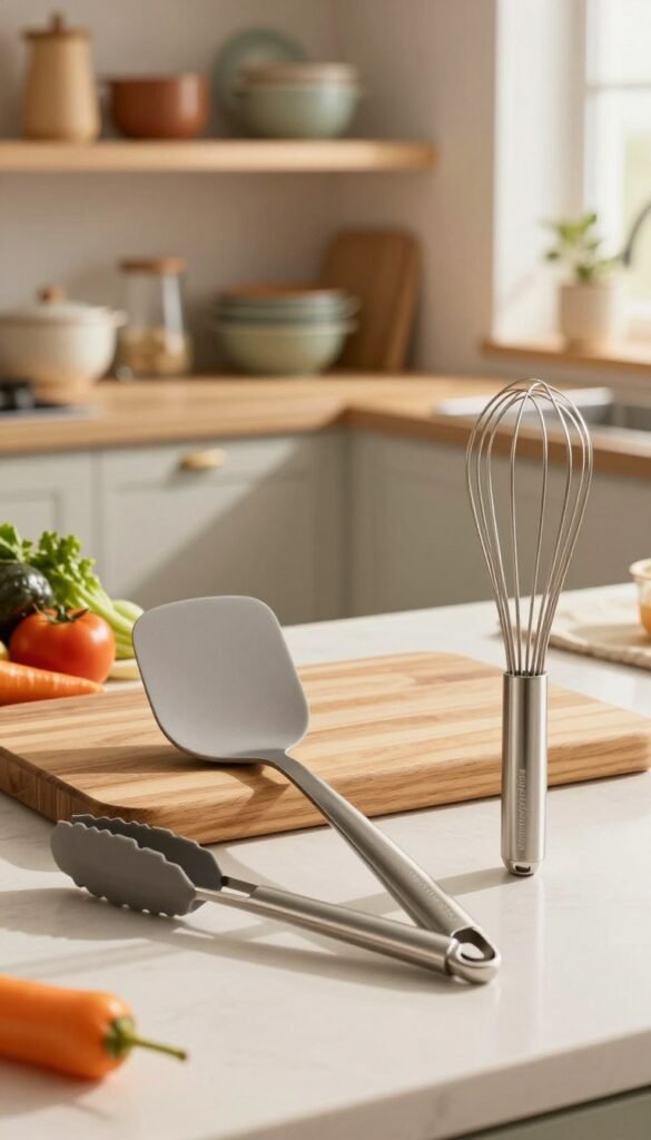 A beautifully arranged kitchen workspace featuring high-quality stainless steel and silicone kitchen helpers by the brand "Ordnungskiste". In the foreground, showcase a sleek stainless steel spatula, a pair of silicone tongs, and a stylish whisk, all with a modern aesthetic. The middle section features a smooth wooden cutting board with vibrant, fresh vegetables peeking into the frame, highlighting everyday kitchen life. In the background, softly blurred shelves stocked with elegant kitchenware, filled with warm, inviting colors that create a cozy atmosphere. The lighting is warm and natural, suggesting late afternoon sunlight streaming in through a nearby window, casting gentle shadows across the scene. Capture the essence of durability and practicality in everyday kitchen tasks, presenting a Pinterest-worthy moment of culinary inspiration.