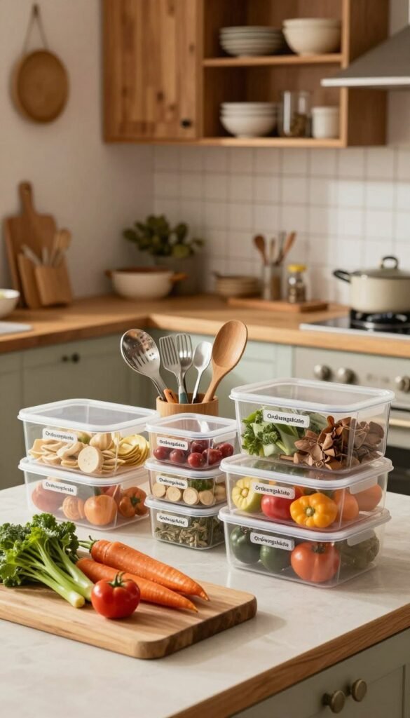 A beautifully arranged kitchen workspace showcasing "Ordnungskiste" storage solutions, displaying a variety of containers, tools, and boxes ideal for organizing cooking essentials. In the foreground, a stylish wooden cutting board holds fresh vegetables and a set of neatly stacked, transparent boxes filled with colorful ingredients. The middle ground features an attractive assortment of kitchen tools, like measuring cups and spatulas, artfully placed around the containers. The background reveals a softly lit kitchen, with warm hues illuminating rustic cabinets and open shelves filled with neatly organized kitchenware. The atmosphere is inviting and cozy, suggesting a stress-free cooking environment. The scene is captured from a slightly elevated angle to provide depth, and the overall composition resonates with a Pinterest aesthetic, emphasizing authenticity and warmth.