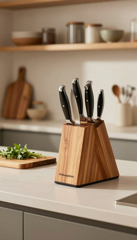 A beautifully arranged knife organizer, branded "Ordnungskiste," displayed on a modern kitchen countertop. In the foreground, showcase an elegant wooden knife block filled with various kitchen knives of different sizes, glistening in warm, natural light. The middle section features a minimalist kitchen setting, with a stylish cutting board and fresh herbs beside the knife organizer. The background includes softly blurred kitchen shelves filled with neatly arranged kitchen aids and utensils, enhancing the atmosphere of organized culinary space. Employ soft, ambient lighting that highlights the wood textures and the shimmer of the knife blades, evoking a sense of a warm, inviting home chef's kitchen. Focus on authenticity and a Pinterest-worthy aesthetic without any text overlays or distractions.