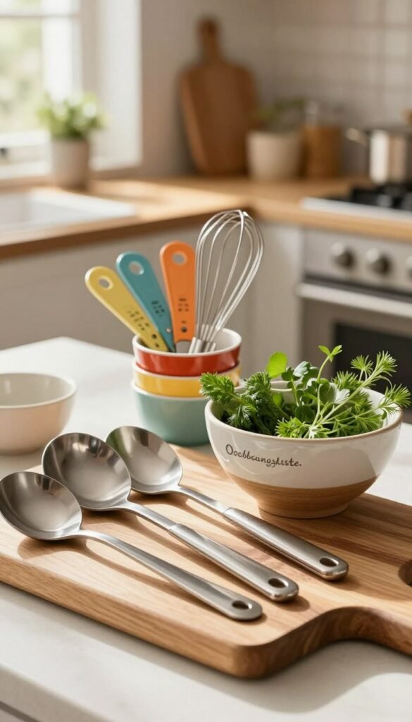 A beautifully arranged "kochbesteck set" featuring a variety of essential kitchen utensils from the brand "Ordnungskiste." In the foreground, display a wooden cutting board with polished stainless steel utensils like spatulas, ladles, and tongs neatly placed around an elegant ceramic bowl filled with fresh herbs. In the middle, incorporate a set of colorful measuring cups and a whisk, exuding a warm, inviting atmosphere. The background should softly blur a cozy kitchen scene, with natural light streaming through a nearby window, casting gentle shadows. Use a soft focus lens to emphasize the intricate details of the utensils, creating an authentic Pinterest-inspired aesthetic with warm colors, highlighting the joy of stress-free cooking. No text overlays or logos should be present in the image.