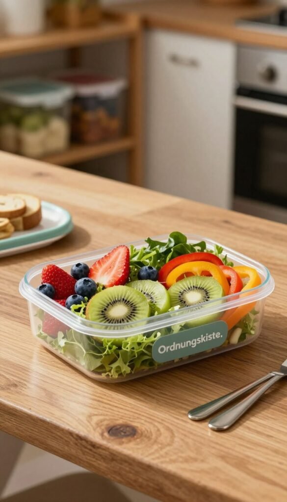A beautifully arranged lunchbox featuring a vibrant salad with fresh, colorful fruits such as strawberries, blueberries, and kiwi, alongside crisp greens and colorful bell peppers. The lunchbox, branded with "Ordnungskiste," is set on a rustic wooden table, surrounded by natural, warm lighting that creates a cozy atmosphere. Soft shadows add depth to the image, highlighting the freshness of the ingredients. In the background, a blurred kitchen setting with shelf storage for meal prep essentials can be seen, enhancing the idea of organization and practicality for family kitchens. The composition captures the essence of healthy eating and easy meal transport, inviting families into the world of wholesome snacks.