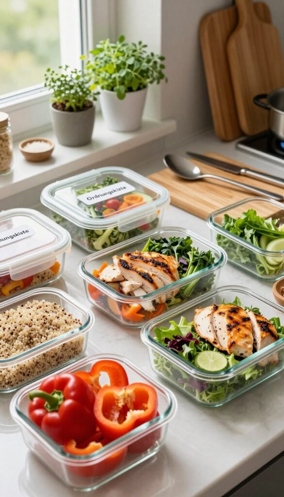 A beautifully arranged meal prep scene featuring a variety of healthy, colorful dishes neatly packed in transparent glass containers labeled with the brand "Ordnungskiste." In the foreground, focus on fresh ingredients like sliced bell peppers, quinoa, grilled chicken, and leafy greens, showcasing vibrant colors that pop. The middle section displays an organized kitchen workspace with bamboo cutting boards, stainless steel utensils, and a few herbs in small pots, creating a homely atmosphere. The background features soft, natural light streaming through a window, illuminating the scene and casting gentle shadows, enhancing the warmth of the setting. The overall mood is one of calm efficiency and joyful preparation, highlighting the concept of cooking in bulk for the next day without clutter or distractions.