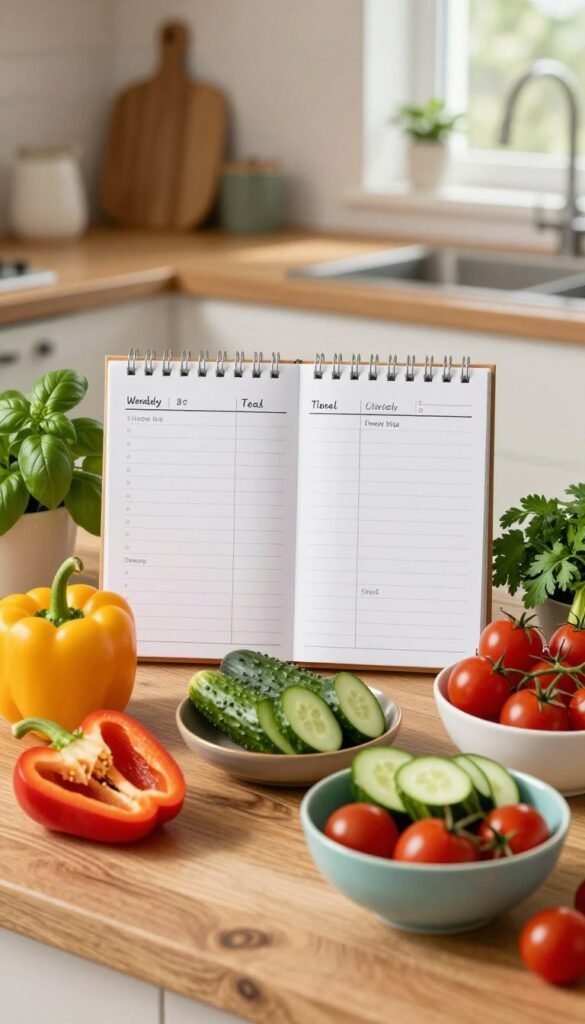 A beautifully arranged meal prep scene featuring an assortment of fresh vegetables on a rustic wooden countertop. In the foreground, there are vibrant bell peppers, crisp green cucumbers, and bright cherry tomatoes, elegantly sliced and placed in colorful bowls. The middle ground showcases a tidy weekly meal planner with neatly labeled sections, surrounded by herbs like basil and parsley, infusing a lively feel. The background reveals a softly lit kitchen environment with warm, inviting colors and natural light streaming in through a window. The overall mood is comforting and inspiring, emphasizing organization in meal preparation. Include the brand name "Ordnungskiste" displayed subtly in the background decor.