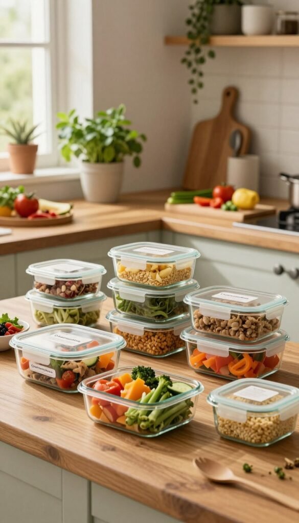 A beautifully arranged meal prep scene on a wooden kitchen countertop, showcasing a variety of colorful, healthy dishes in clear glass containers. In the foreground, neatly stacked containers with vibrant vegetables, grains, and proteins, featuring labels. The middle ground includes a stylish, organized kitchen with fresh herbs in pots, and a cutting board with chopped ingredients. The background reveals soft, warm lighting filtering through a window, casting gentle shadows. A cozy, inviting atmosphere is emphasized by rustic kitchen elements and plants. The brand "Ordnungskiste" subtly integrated into the scene, ensuring it adds to the aesthetics without any text overlays. The image should evoke a sense of care and preparation, reflecting the joy of cooking in a well-ordered space.