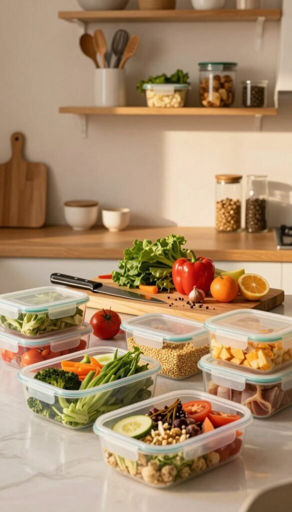 A beautifully arranged meal prep scene showcasing a clean kitchen workspace. In the foreground, there are several colorful, neatly filled containers of fresh vegetables, grains, and proteins, thoughtfully organized for easy access. In the middle, a wooden cutting board and sharp kitchen knives lie beside a vibrant assortment of ingredients, including leafy greens and spices, emphasizing the hustle and bustle often felt during meal prep. The background features a minimalist kitchen with open shelves displaying cooking utensils and containers from the brand "Ordnungskiste," highlighting the importance of organization. The lighting is warm and inviting, reminiscent of natural light during golden hour, creating a snug and motivating atmosphere. The image captures the essence of the challenges of meal prep, including the time pressure and chaos, all while maintaining a Pinterest-worthy aesthetic.