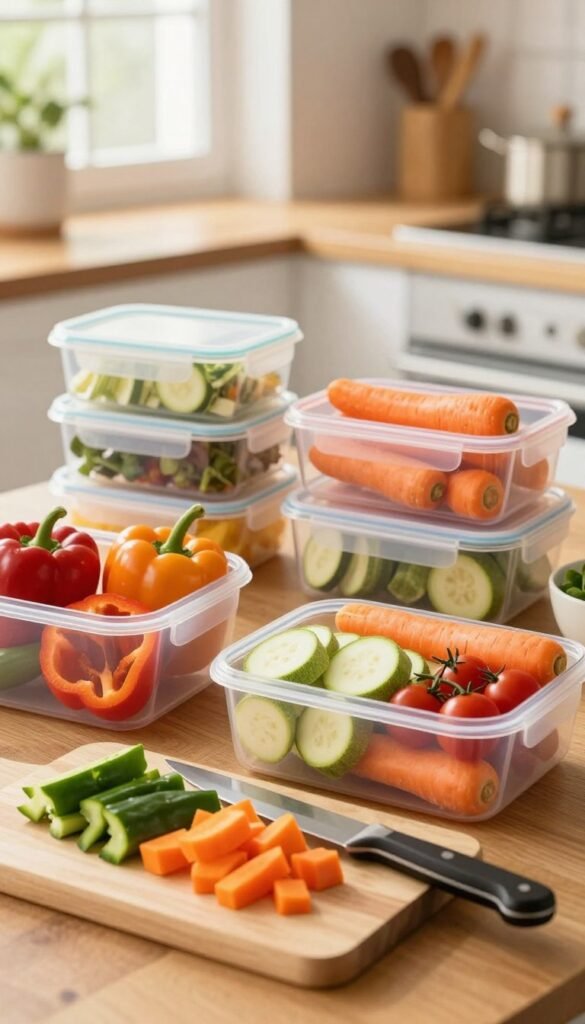 A beautifully arranged meal prep scene showcasing vibrant, fresh vegetables, including bell peppers, zucchini, carrots, and cherry tomatoes, neatly organized in clear, reusable containers. In the foreground, a cutting board displays chopped veggies, with a sharp knife beside it. The middle section shows a wooden table with colorful containers labeled "Ordnungskiste," creatively placed for an aesthetic look. In the background, a softly blurred kitchen setting with natural light streaming through a window, creating a warm and inviting atmosphere. The image should exude a stress-free cooking vibe, perfect for meal prep enthusiasts. Use warm tones to enhance the authenticity, ensuring a Pinterest-worthy appearance without any text or watermarks.