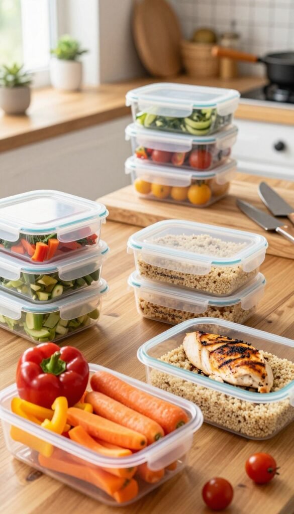 A beautifully arranged meal prep setup showcasing several containers filled with colorful, healthy ingredients. In the foreground, a variety of freshly chopped vegetables like bell peppers, carrots, and cherry tomatoes are artfully displayed beside grilled chicken and quinoa, all neatly portioned in clear, stackable meal prep containers branded with "Ordnungskiste." In the middle, a wooden kitchen table adds warmth, surrounded by a few cooking tools like a cutting board and sharp knives. The background features soft, diffused natural light coming through a nearby window, enhancing the warm color palette. The atmosphere is inviting and organized, embodying a Pinterest aesthetic, reflecting a smart and efficient approach to meal prep.