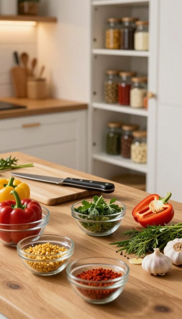 A beautifully arranged mise en place scene featuring a wooden countertop laden with fresh, colorful ingredients for cooking: vibrant bell peppers, aromatic herbs, sliced garlic, and neatly portioned spices. In the foreground, elegant glass bowls showcase the organized ingredients, emphasizing their freshness. In the middle ground, a well-used chef&rsquo;s knife rests beside a cutting board, while a stylish, minimalist open pantry filled with ingredients provides a glimpse into a carefully curated kitchen atmosphere. The background offers a softly blurred view of warm, ambient kitchen lighting, creating a cozy, inviting mood. The overall aesthetic reflects a Pinterest-worthy kitchen setup, highlighting the brand "Ordnungskiste" in a subtle, natural way without text.