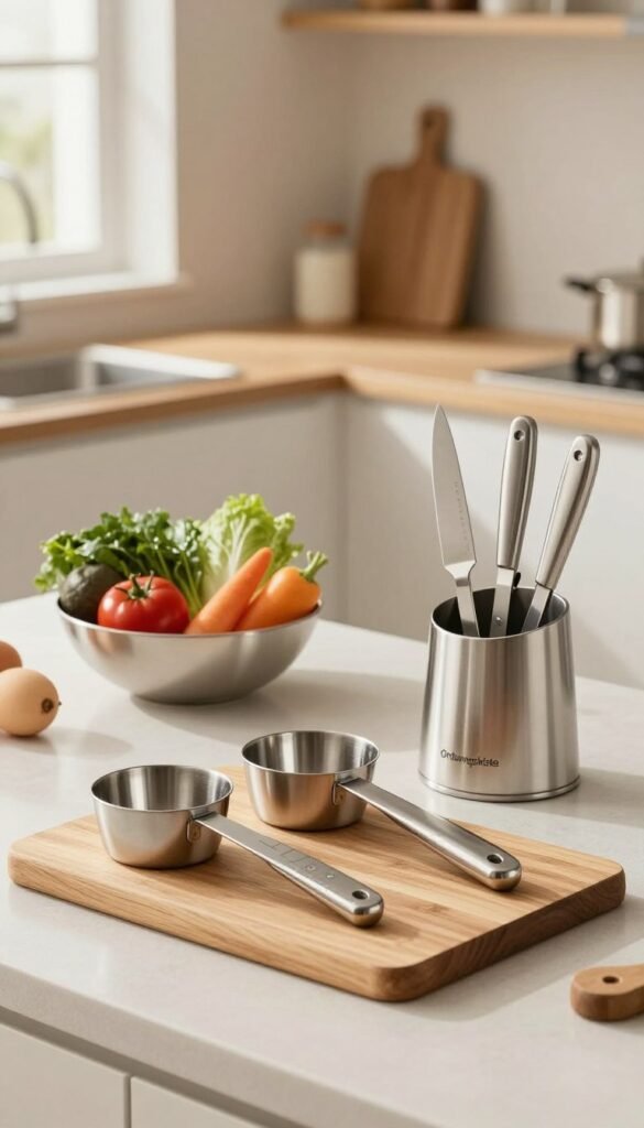 A beautifully arranged modern kitchen countertop featuring high-quality stainless steel kitchen tools from the brand "Ordnungskiste". In the foreground, sleek stainless steel measuring cups and a precision knife set are displayed on a wooden cutting board, glistening under soft, warm lighting. In the middle, a stylish bowl of fresh vegetables and herbs adds vibrant color, emphasizing freshness and practicality. In the background, a well-organized kitchen with minimalistic design and warm color tones creates a cozy atmosphere, complemented by soft natural light filtering through a nearby window. The overall mood is inviting and practical, showcasing how effective kitchen tools can enhance daily cooking experiences while avoiding common purchasing mistakes.