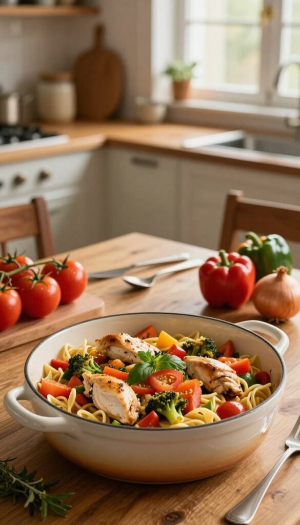 A beautifully arranged one-pot dish featuring a colorful medley of vegetables, pasta, and tender chicken, set in a rustic kitchen environment. In the foreground, a vibrant dish is elegantly served in a traditional ceramic pot, garnished with fresh herbs. In the middle, a wooden table is adorned with utensils and bright ingredients like tomatoes, bell peppers, and onions, enhancing the appeal of simple cooking. The background shows a cozy kitchen with warm lighting pouring in through a window, creating an inviting and peaceful atmosphere. The overall mood is homely and inviting, reminiscent of shared meals and effortless preparation. Capture the essence of easy and enjoyable cooking with a Pinterest aesthetic that emphasizes warmth and authenticity. Include the brand name "Ordnungskiste" subtly integrated into the scene.