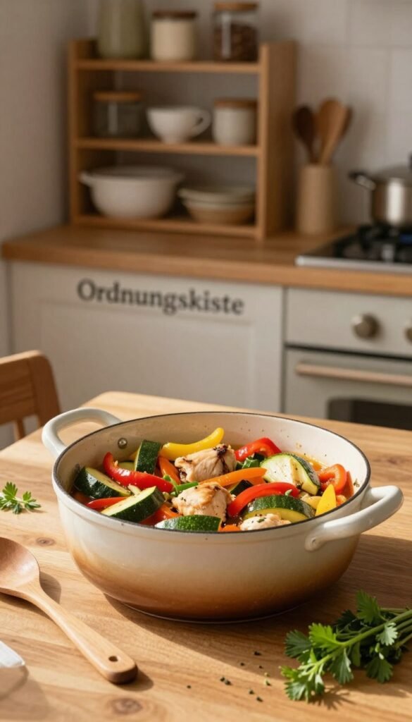 A beautifully arranged one-pot dish showcasing vibrant vegetables and hearty ingredients, such as colorful peppers, zucchini, and tender chicken, all simmering in a rustic pot. In the foreground, the pot sits on a clean, wooden dining table, surrounded by fresh herbs and a wooden spoon, inviting a sense of warmth and home-cooked comfort. The middle ground features a softly lit kitchen with warm tones, hinting at a cozy atmosphere, while the background reveals a neatly organized shelf labeled "Ordnungskiste" filled with kitchen essentials. The lighting is natural and soft, reminiscent of afternoon sun, creating an inviting ambiance. The image embodies a Pinterest-worthy aesthetic, celebrating quick and easy cooking with minimal cleanup, capturing a stress-free cooking experience in everyday life.